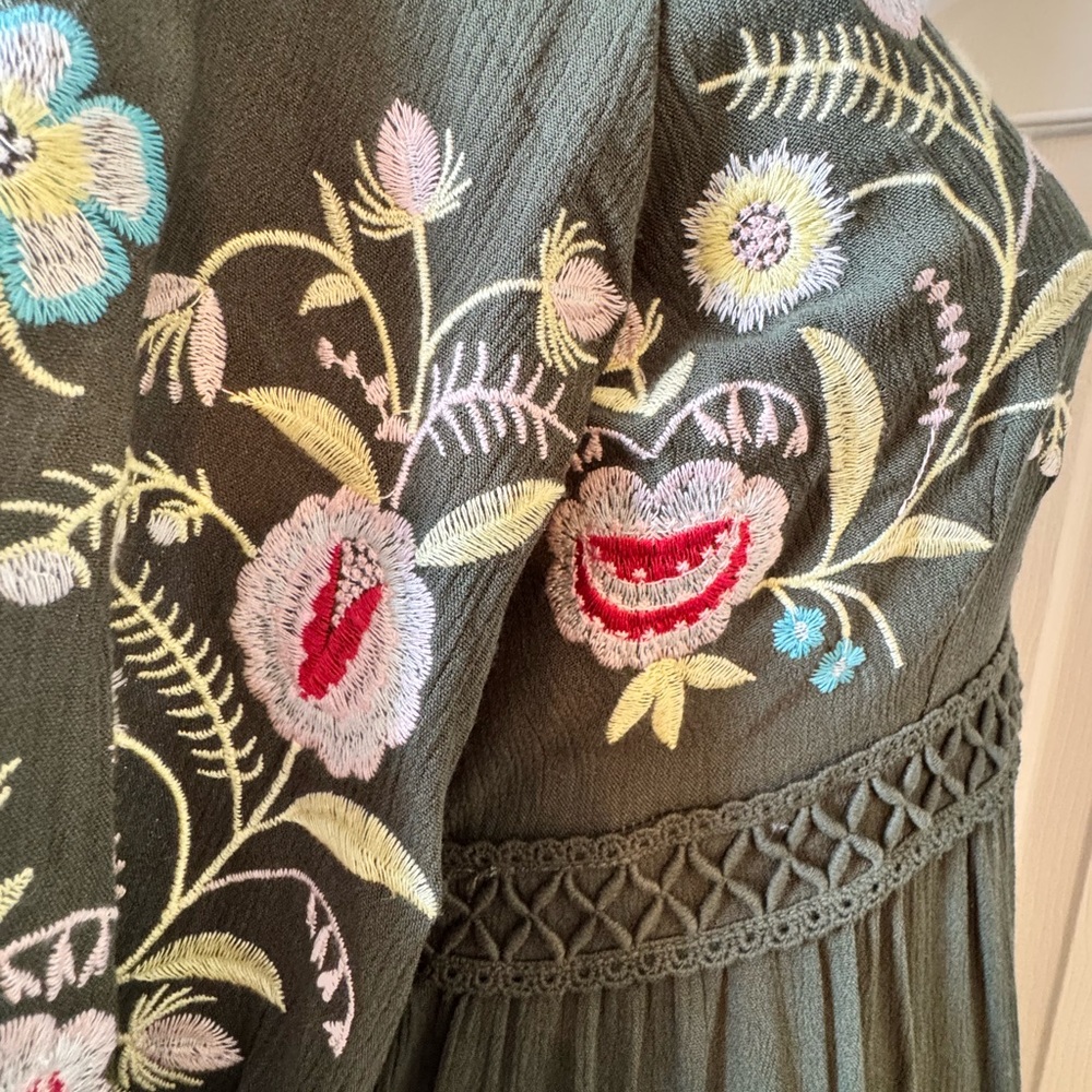 Francesca's Olive Green Embroidered V-Neck Tiered Dress - Picture 8 of 10